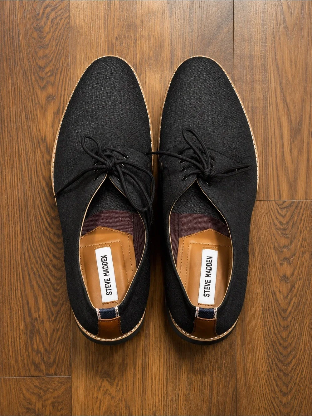 Steve Madden Nevins Black Canvas Shoes with Tan Accents
